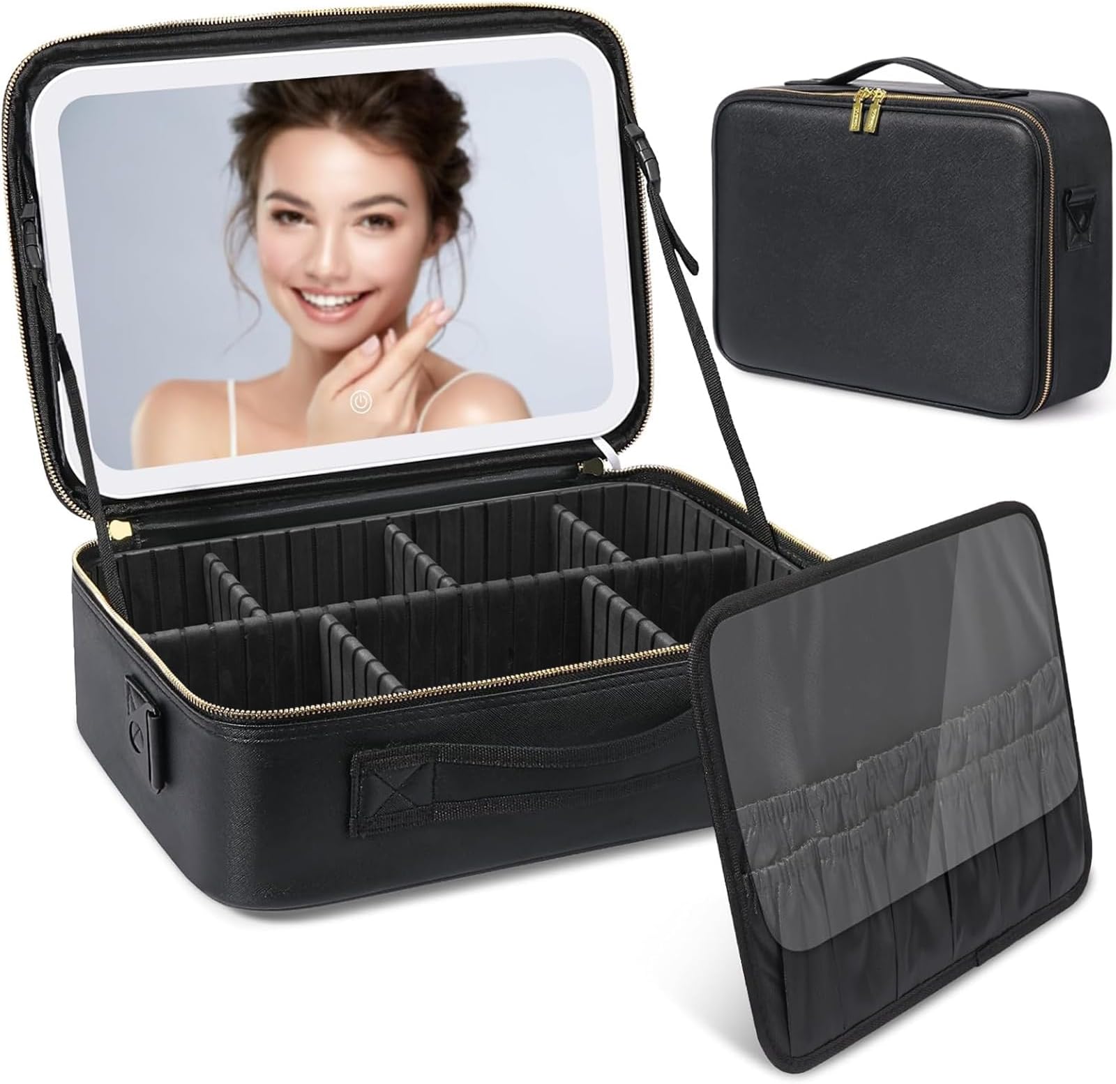 Deciniee Mirror Makeup Bag Organiser: 27 * 38cm Extra Large Makeup Organiser Vanity Mirror with Lights - Travel Make Up Bag with Light - Makeup Case with Adjustable Dividers Black