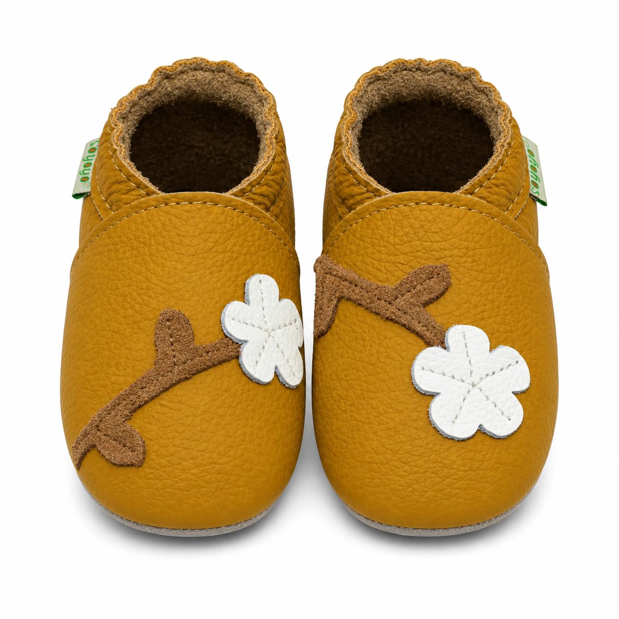 SAYOYO Miękkie skórzane buty do raczkowania, buty do nauki chodzenia, dla chłopców, antypoślizgowe, dla dziewczynek, małych dzieci, skórzane buty, Brązowy kwiat, 12-18 miesięcy
