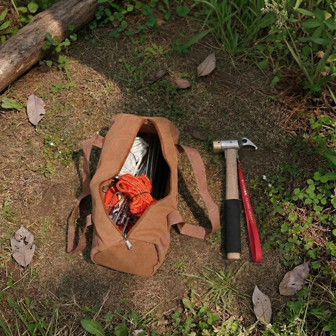 Marteau de camping pour tente de camping, tête en acier de haute qualité et poignée en bois massif avec poignée rembourrée, marteau de tente avec sangle de sécurité, maillet robuste (cuivre + kit de 8