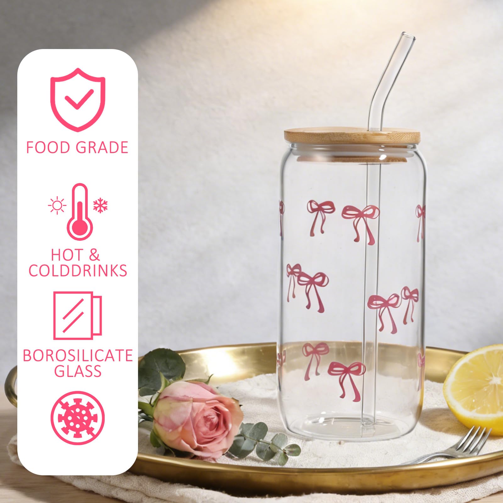 ToKinCen Bow Glass Cup, 16 oz Bow Iced Coffee Glass Cups with Lids and Straws and Cleaning Brush - Image 3