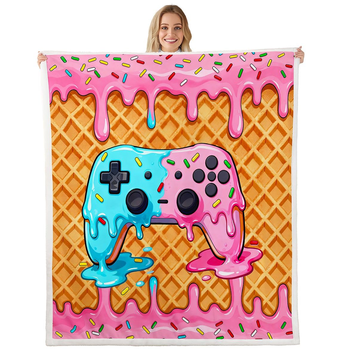 Koc polarowy dla graczy, podwójny, 152 x 180 cm, dla graczy, pluszowy, puszysty, dla dzieci, nastolatków, dorosłych, pokoju gier, dekoracja na łóżko, kanapę, krzesło, salon, lody, gamepad, wystrój