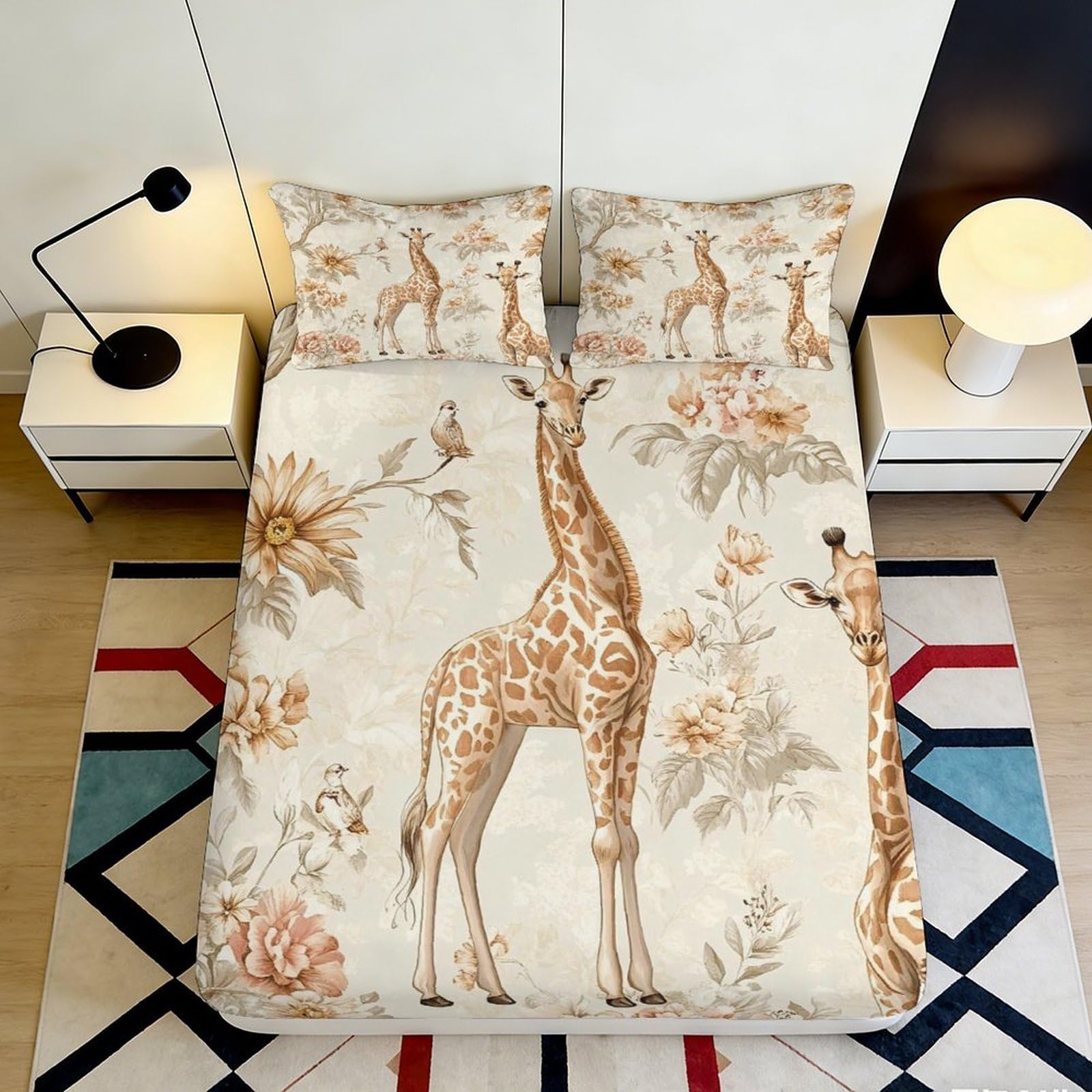 3D Printed Giraffe Pattern Fitted Sheet Microfiber Elastic Hem Deep Pocket Giraffe Mattress Fitted Cover Bedroom Bedding Adult 180x200x25cm
