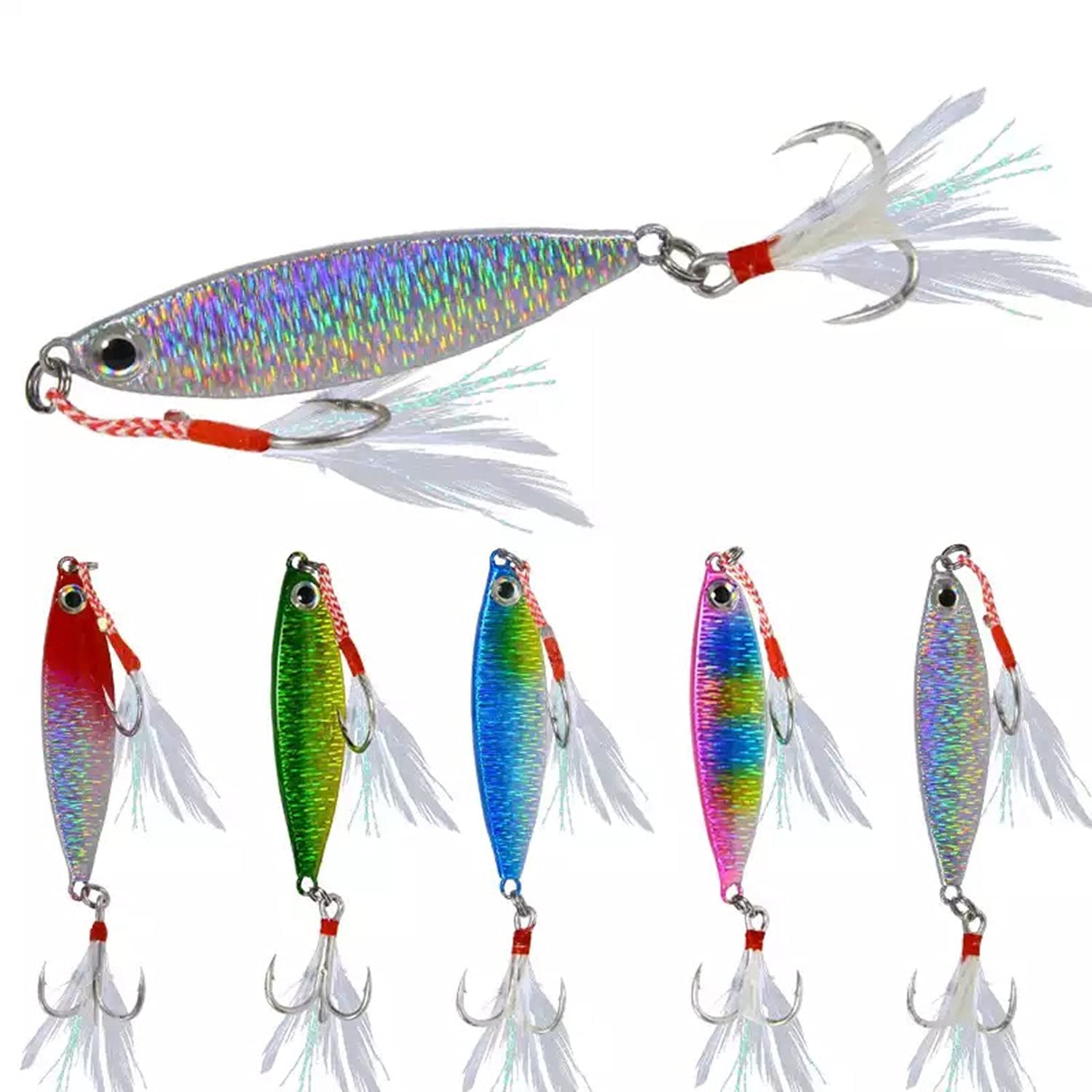 YTTDA 5pcs Fishing Lure Set with boxJigging Lures Colorful Fishing Jigs Spoons with Blood Sharp Hooks Fish Metal Baits Lifelike 3D Eyes Hard Fishing Lures (5pcs30g Set)