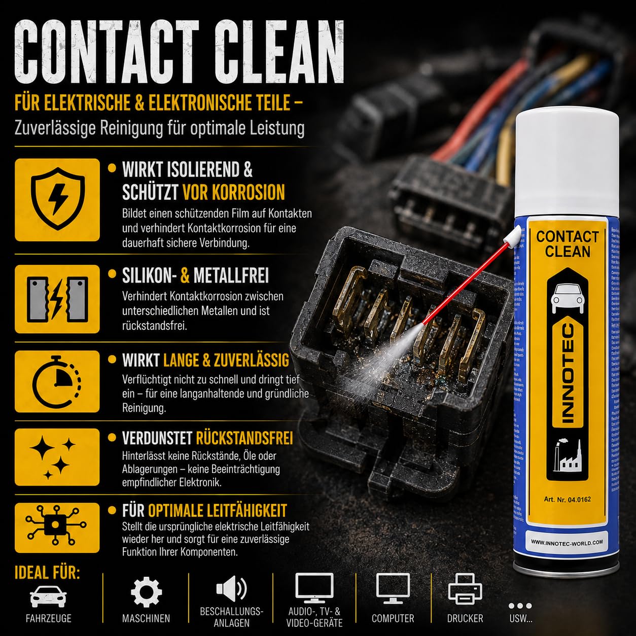 4 Stück Innotec Kontakt Spray - Contact Clean - Elektronikreiniger - Reinigung und Schutz von elektronischen Kontakten - hochaktiver, schnell ablüftender Reiniger für elektronische Kontakte & Bauteile