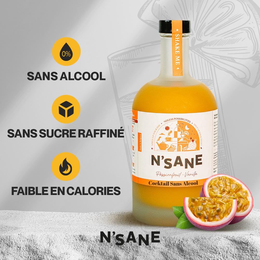 Mélange pour cocktail N’Sane Fruit de la Passion Vanille | Boisson sans alcool 500ml sans sucres ajoutés | Base naturelle pour cocktails, mocktails & boissons chaudes