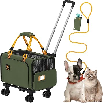 PAWZIDEA Expandable Pet Carrier with Wheels, 46x28x28cm TSA Airline Approved Cat Carrier for 2 Cats Under Seat, Foldable Soft-Sided Dog Carrier for Small Dogs Rolling Travel Bag, Max Weight 8.1kg