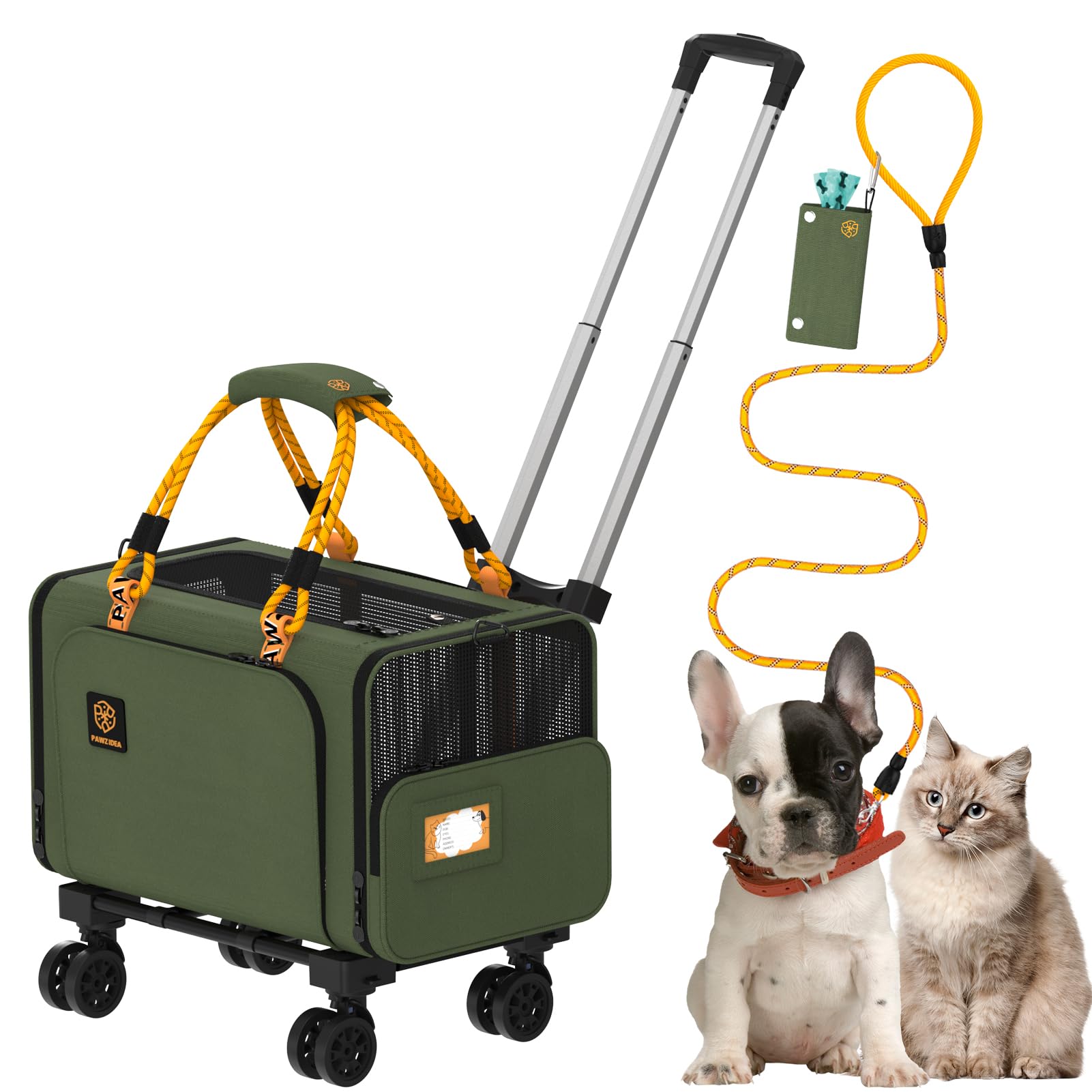 PAWZIDEA Expandable Pet Carrier with Wheels, 46x28x28cm TSA Airline Approved Cat Carrier for 2 Cats Under Seat, Foldable Soft-Sided Dog Carrier for Small Dogs Rolling Travel Bag, Max Weight 8.1kg
