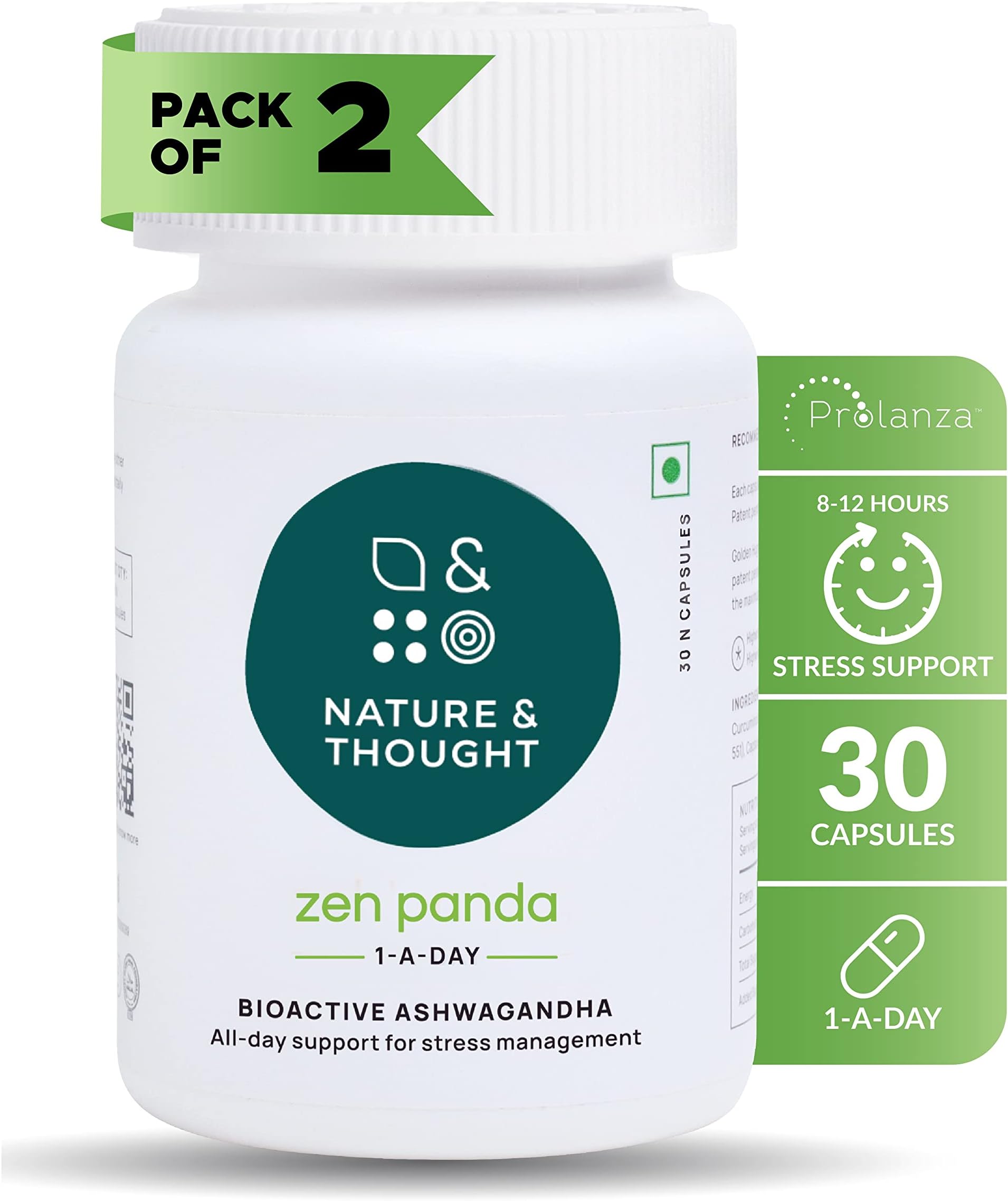 Nature & Thought Ashwagandha Adaptogen Capsules for Men & Women, Stress, Anxiety & Sleep Support Supplement with Long Acting ProlanzaTM, Clinically Tested Veg Zen Panda 1 A DAY dose (60)
