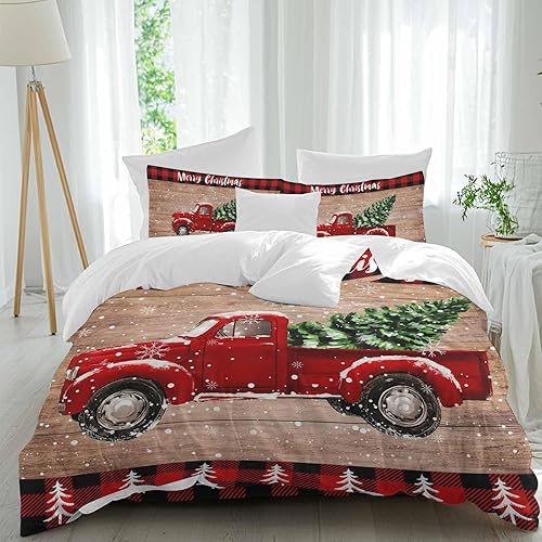 Miniatura 2 de Juego de fundas de edredón de Navidad tamaño Queen, camión rojo con carga de árbol de Navidad en la tabla de madera, juego de funda de edredón de 4