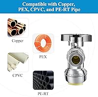 Vista 5 de WiseWater Válvula de tope angular de empuje para conectar 1/2" empuje x 3/8" compresión, 1/4 de vuelta para apagado rápido, latón cromado con clip