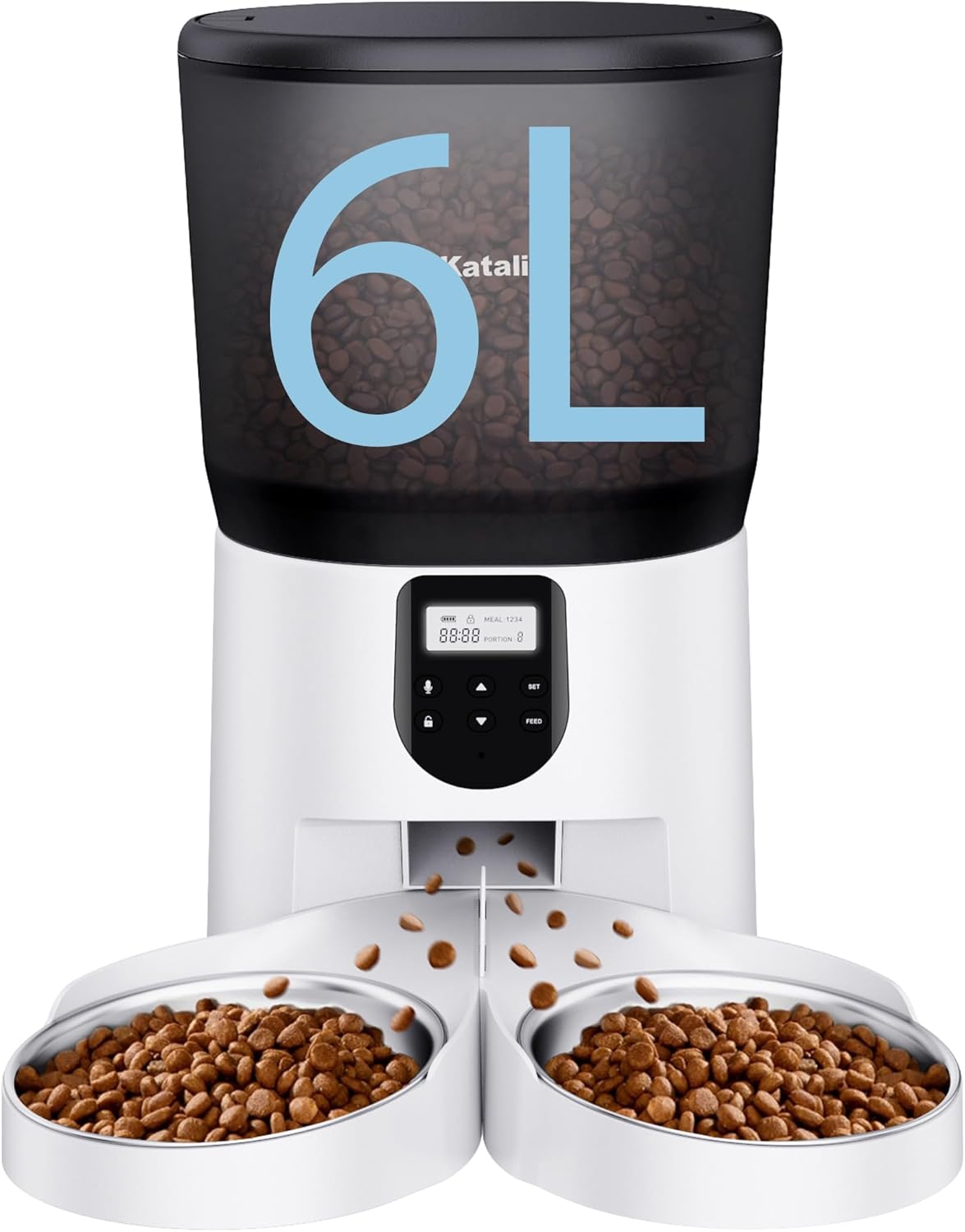 Automatic Cat Feeder for 2 Cats, 6L/25Cups Cat Food Dispenser with 2 Stainless Bowls, Pet Feeder with Timer Setting 30 Portions 6 Meals Per Day for Cats and Dogs, Dual Power Supply 10s Meal Call