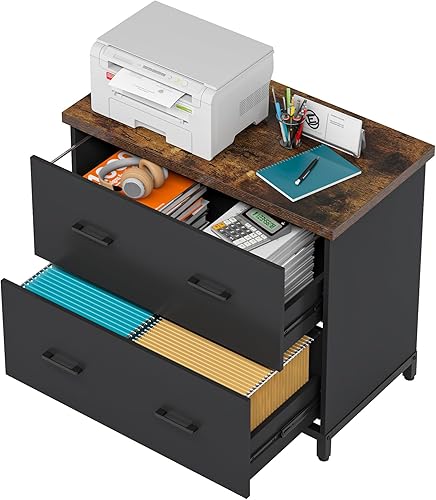 Miniatura 9 de Tribesigns Archivador de 2 cajones, archivador lateral de madera para oficina en casa, A4, tamaño carta, marrón y negro