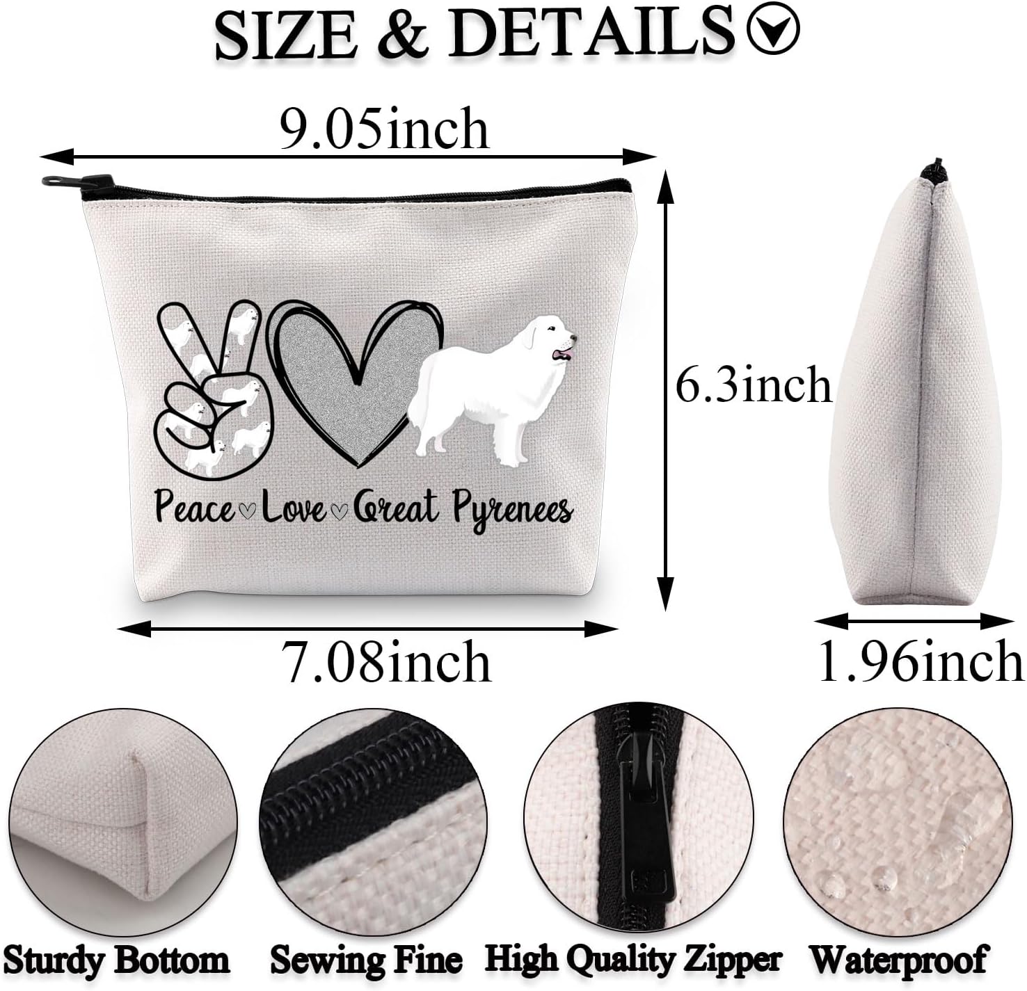 BDPWSS Great Pyrenees Bag Great Pyrenees Dog Lover Gift Dog Mom Gift Peace Love Great Pyrenees Makeup Bag (Peace Great Pyrenees bag) image 2