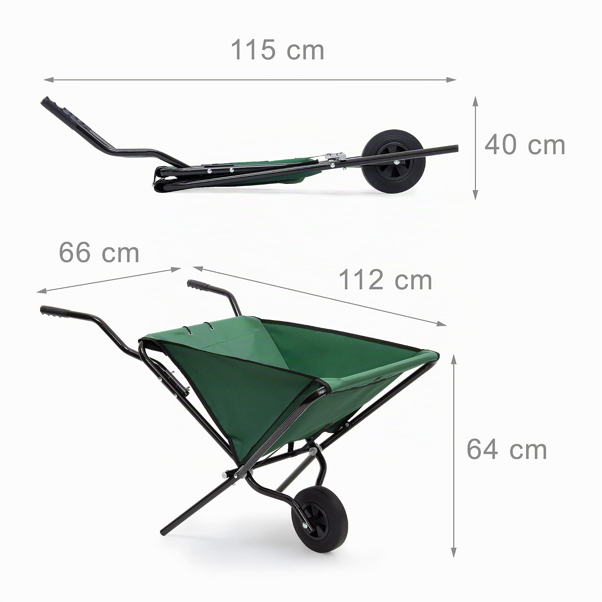 Relaxdays Brouette pliable pouvant être accrochée au mur, charge max. 30 kg, H x L x P : 66 x 42 x 112 cm, verte, Vert