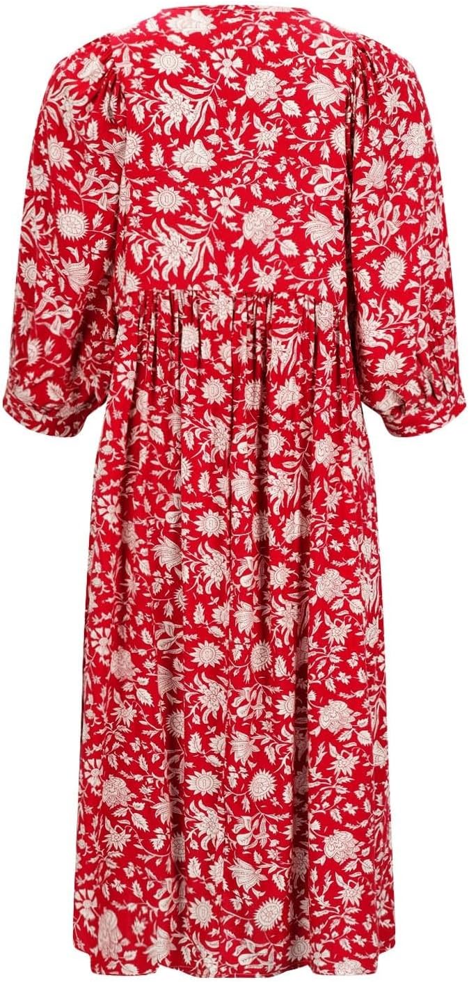 Womens Cotton Boho Floral Dresses Trendy Casual V Neck Lantern Sleeve Beach Midi Dress Flowy Sundress with Pockets