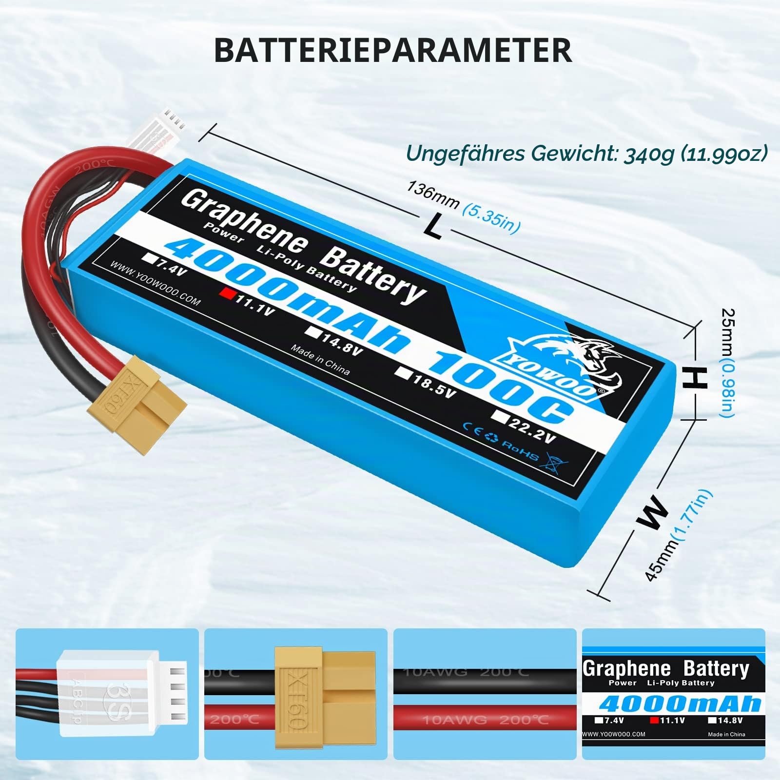 Yowoo 2 Pack 3S Lipo Akku 4000mAh 11.1V 100C Graphen Lipo Batterie mit XT60 Anschluss für RC Auto LKW Boot Flugzeug Hubschrauber Quadcopter (EC3 / Deans/Traxxas/Tamiya)