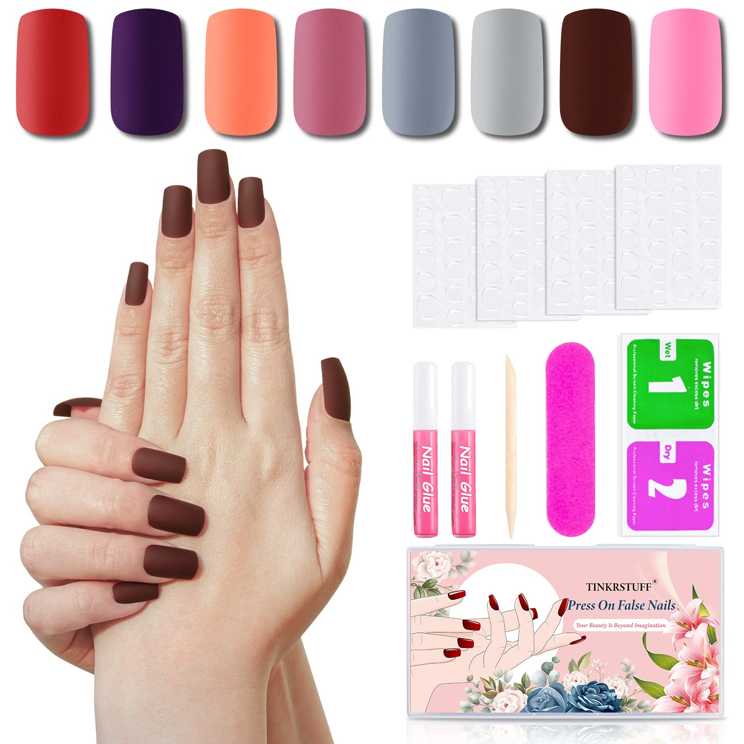 Photo 1 of 8 Solid Color Matte Short Square Press On Nails Pack #1, 192PCS Acrylic Medium Length Squoval False Nail Art Tips Set for Women with Glue, Adhesive Tabs, File, Cuticle Stick and Prep Pads PACK20: ZCKPTJMS8S-1