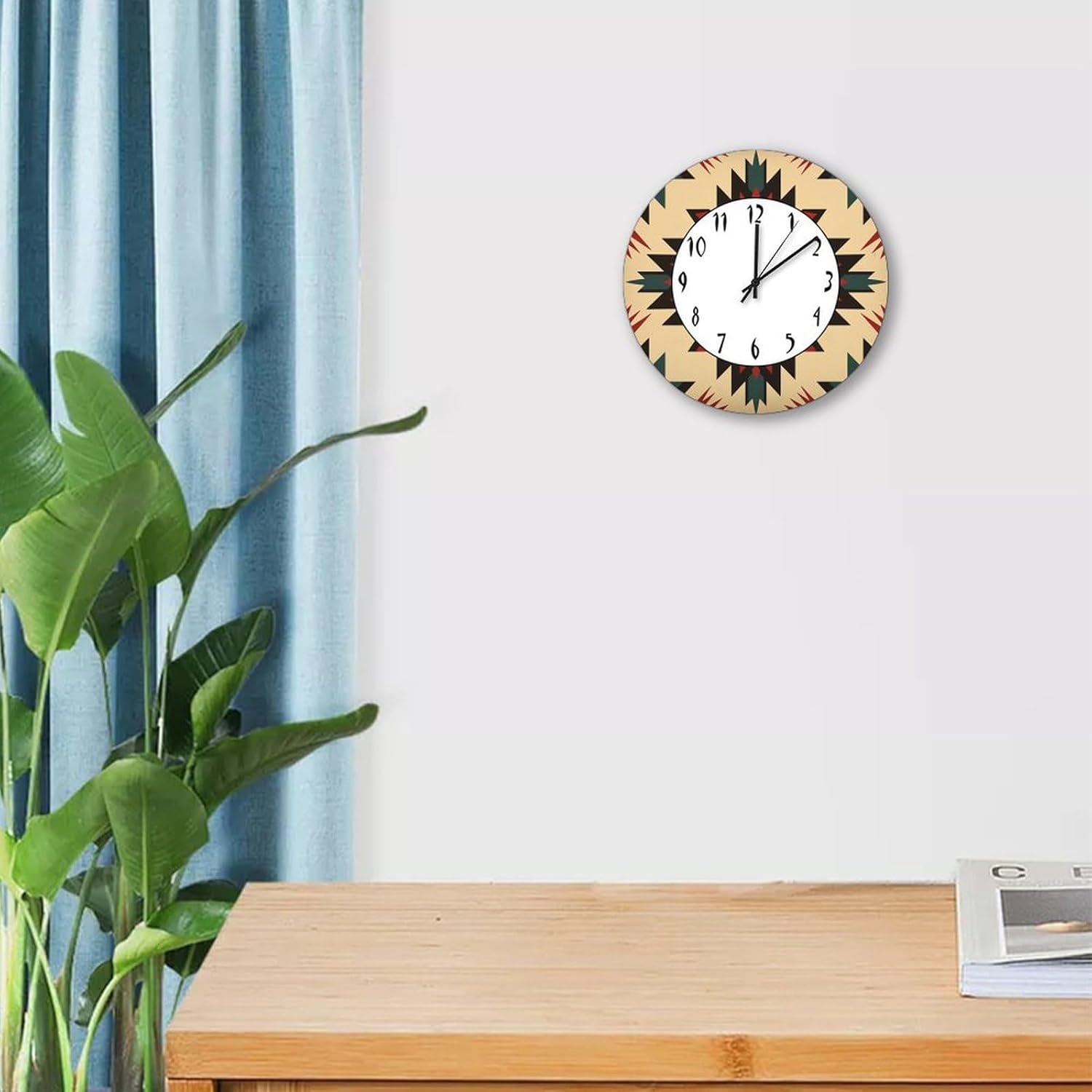 Red and Brown Geometric Pattern Wall Clocks 12in,Round Decorative Wood Wall Clock,Retro Hanging Silent Wooden Wall Clock for Bedroom Kitchen Living Room Kid's Room Home Decor, Style-14