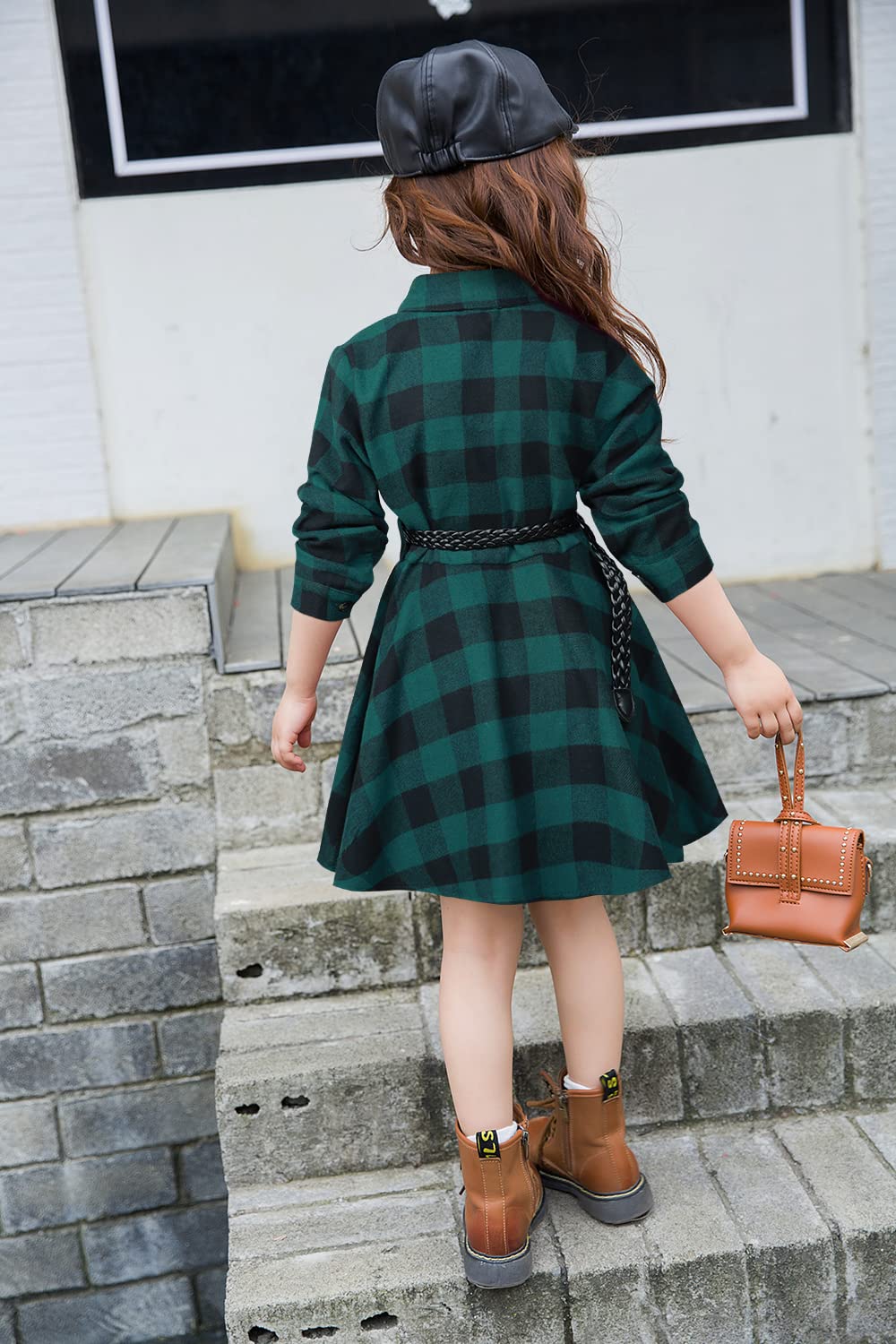 AGQT Camicette Girl Dress Costume di Natale Bambino, Abbigliamento Camicia a Righe Vestito Casuale a Maniche Lunghe con Cintura, Buffalo a Scacchi Camicia Size Abito da 3-11