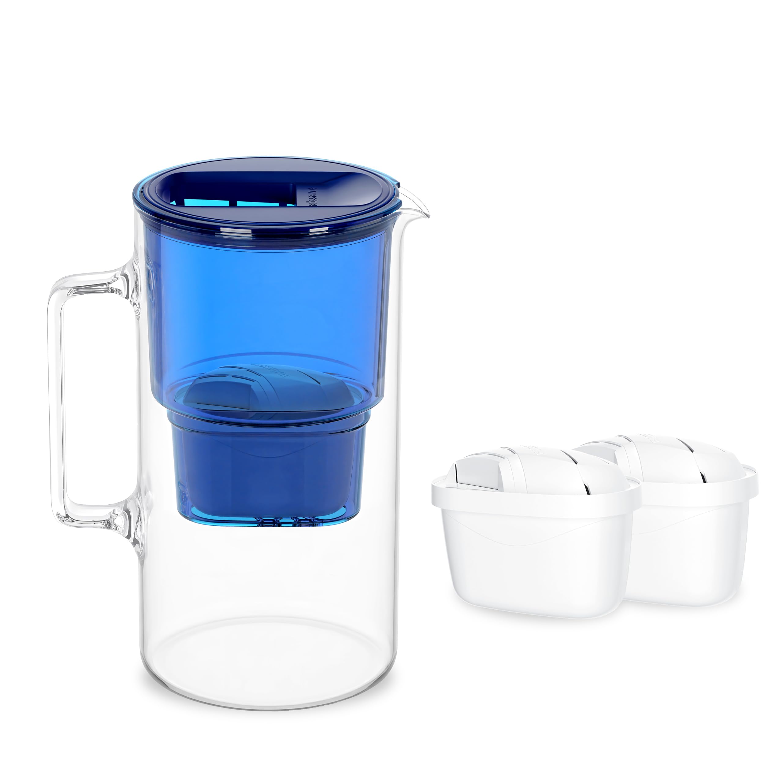 Wessper Carafe Filtrante Verre 3l, Carafe et 2 Filtre - Bleu | carafe filtrante verre et filtre a eau, cartouche filtrante charbon actif eau, BPA Free