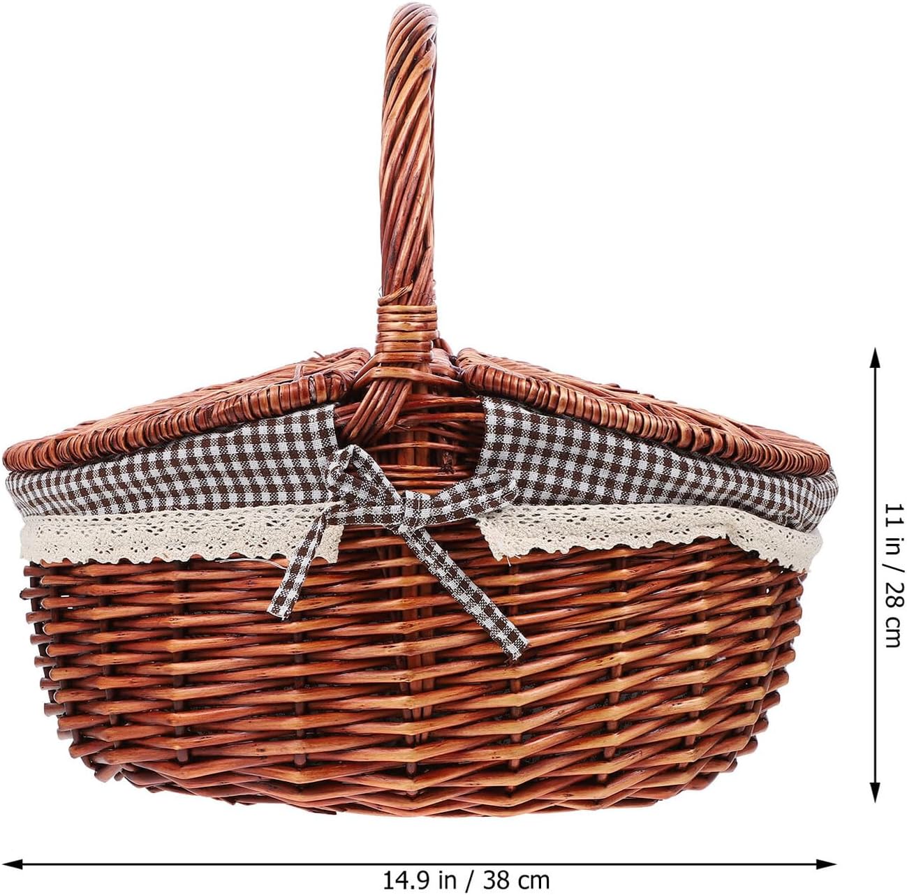 TOYANDONA Wicker Storage Basket Handheld Picnic Basket Handmade Woven with Double Lids for Outdoor Camping and Kitchen Organization Brown Checkered