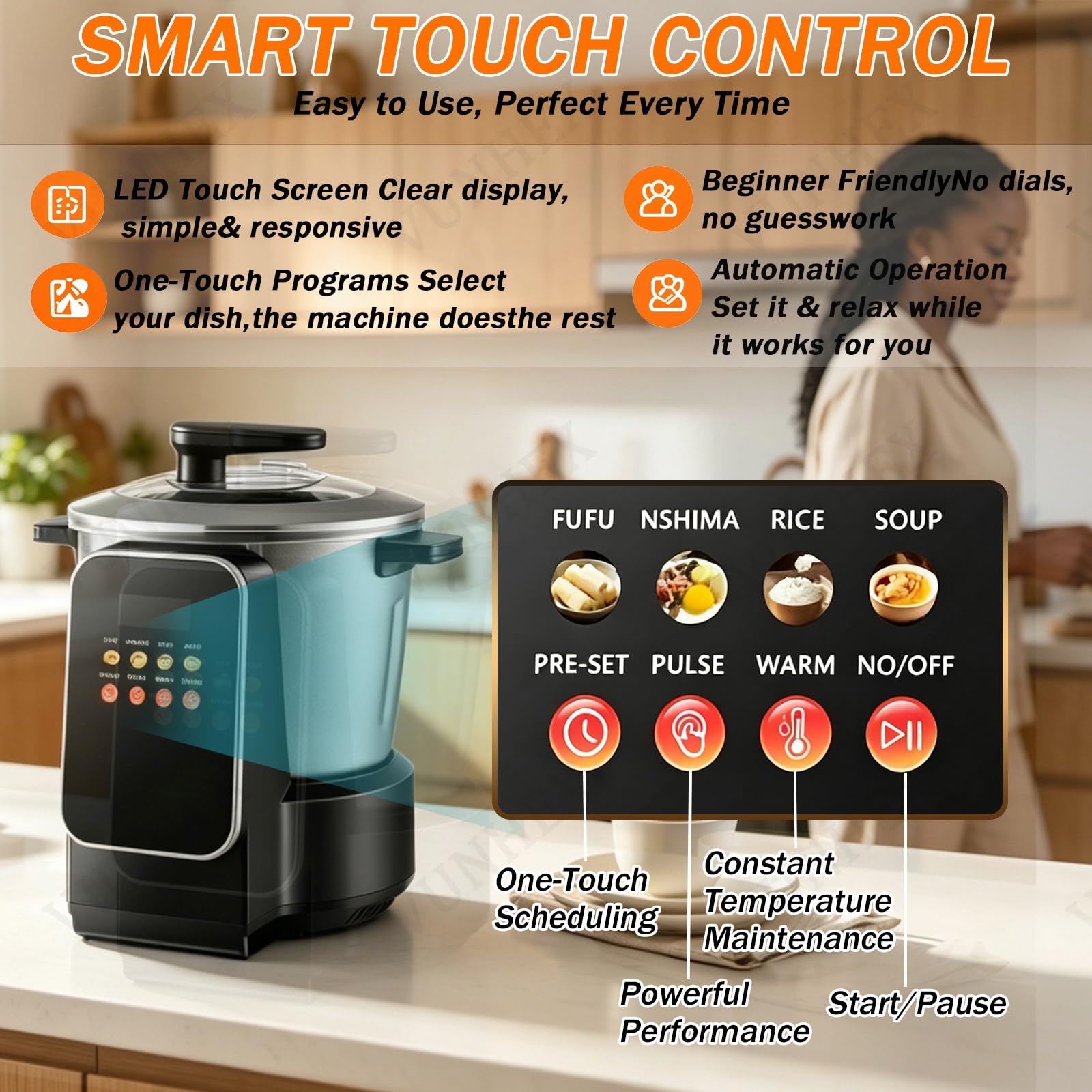 Machine Automatique Pour Pâtes Alimentaires Africaines (Fufu) | Robot culinaire grande capacité (6 L) avec écran tactile LED intelligent, pour Eba, Amala et Banku, accélère le service