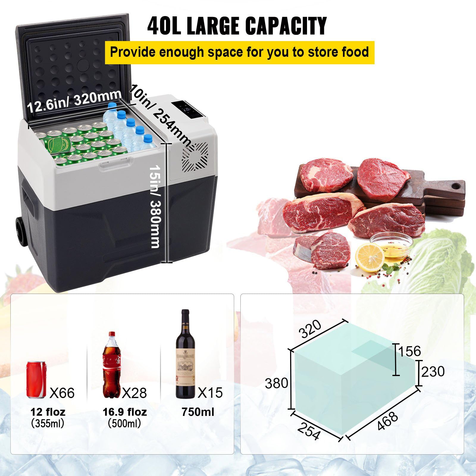 40L Przenośna lodówka ze sprężarką, zamrażarką i elektryczną lodówką do samochodu 12V-14V i domu 120V-240V, zakres temperatur -20℃ ~ 20 ℃, idealny dla rodzin, na kemping i kampera