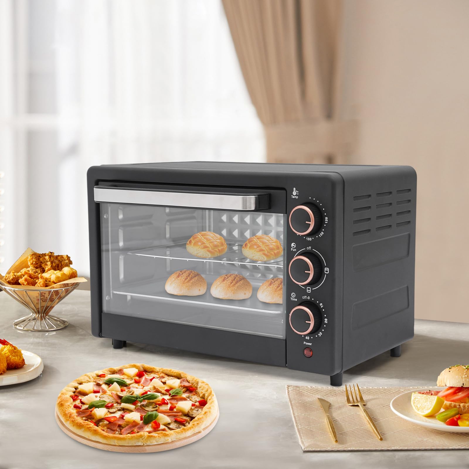 Mini piekarnik 22 l, 1000 W, mały mini piekarnik z rusztem do grillowania i blachą do pieczenia, timer 60 min, piec do pizzy z zabezpieczeniem przed przegrzaniem, kompaktowy do kuchni, dla rodziny