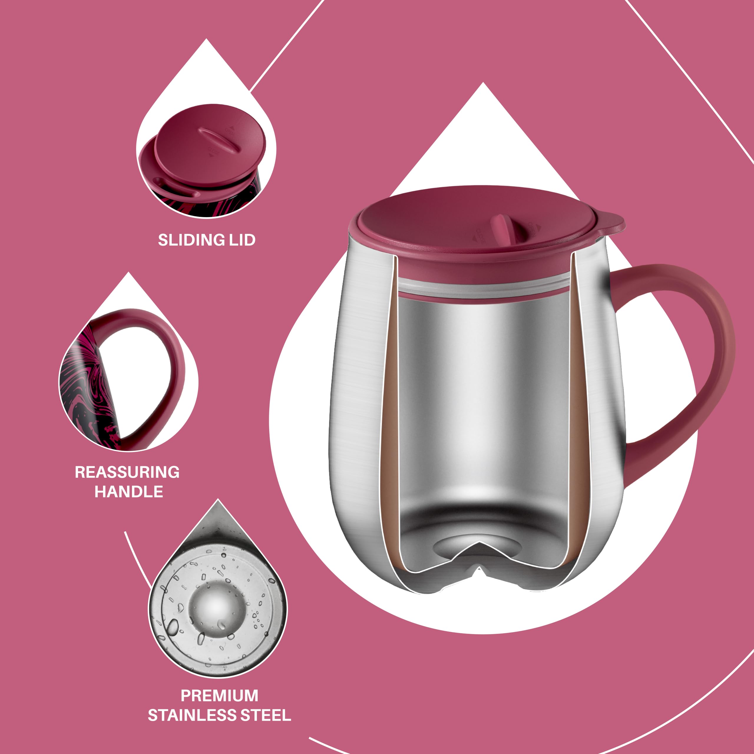 Ideus 453.6 g (470ml) Isolierter Kaffeebecher mit Griff und Deckel, doppelwandiger Edelstahl-Vakuum-Thermo-Kaffeebecher, Reise-Kaffeetasse, Thermobecher für Zuhause und Büro (Rotes Zebra)
