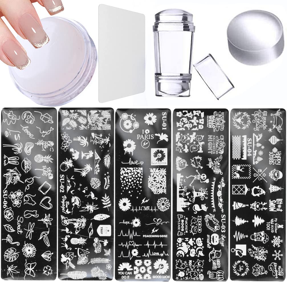 8 Pcs Nail Stamp Template Kit, with 1 Stamper 2 Clear Jelly Silicone Nail Stamper for DIY Nail Decor Easy French Style Nail Art Designs, Nail Stamper Stencil Plates Set Manicure Nail Supplies Seasonal