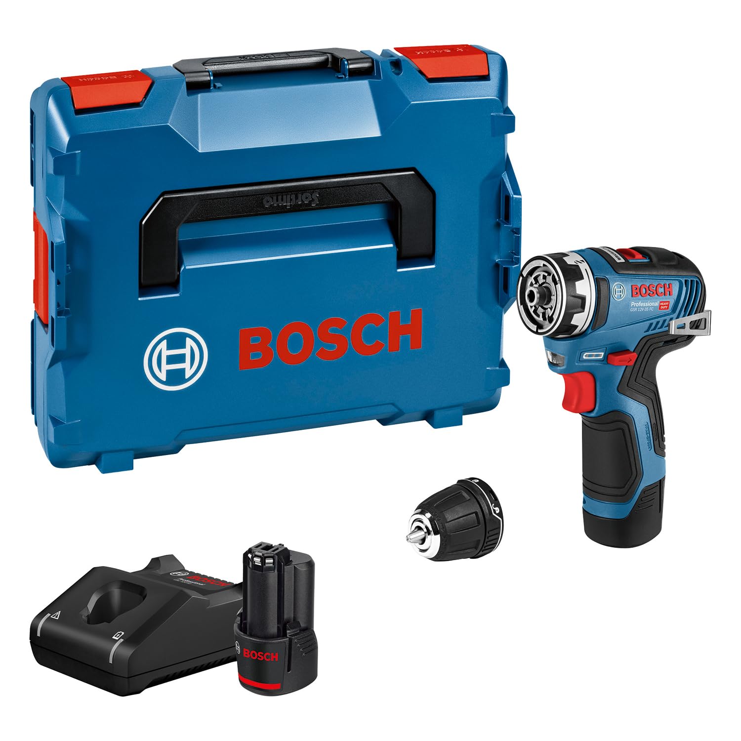 Bosch Professional system 12V: akumulatorowa wiertarko-wkrętarka GSR 12V-35 FC (wymienny uchwyt GFA 12-B, 2 akumulatory GBA 12V 3.0Ah, ładowarka GAL 12V-40, walizka L-BOXX)