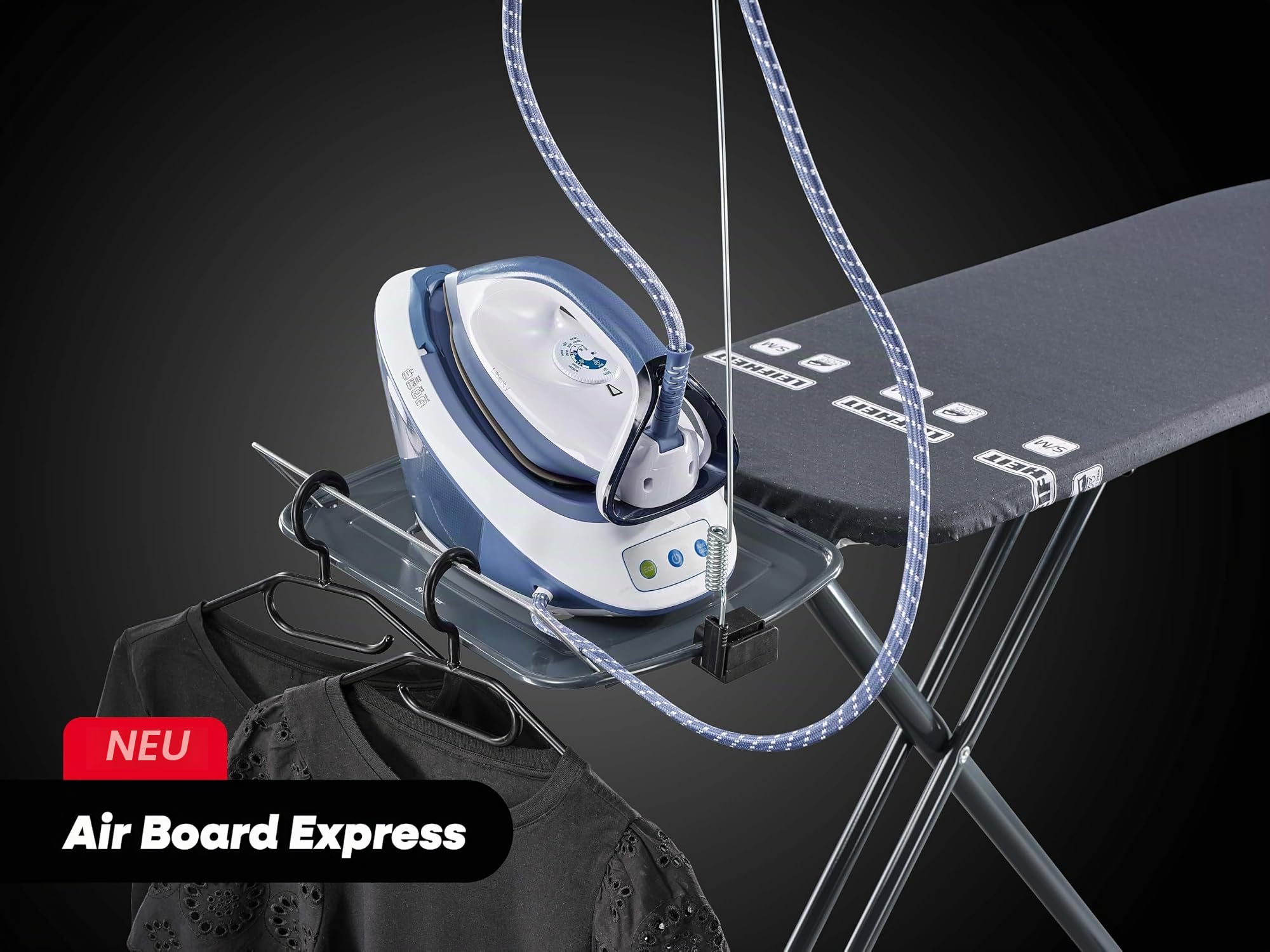 Leifheit Air Board Express M Black, Bügelbrett in stilvollem Design, 120 x 38 cm Bügelfläche, Bügeltisch geeignet für Dampfstationen, höhenverstellbar und platzsparend verstaubar, schwarz