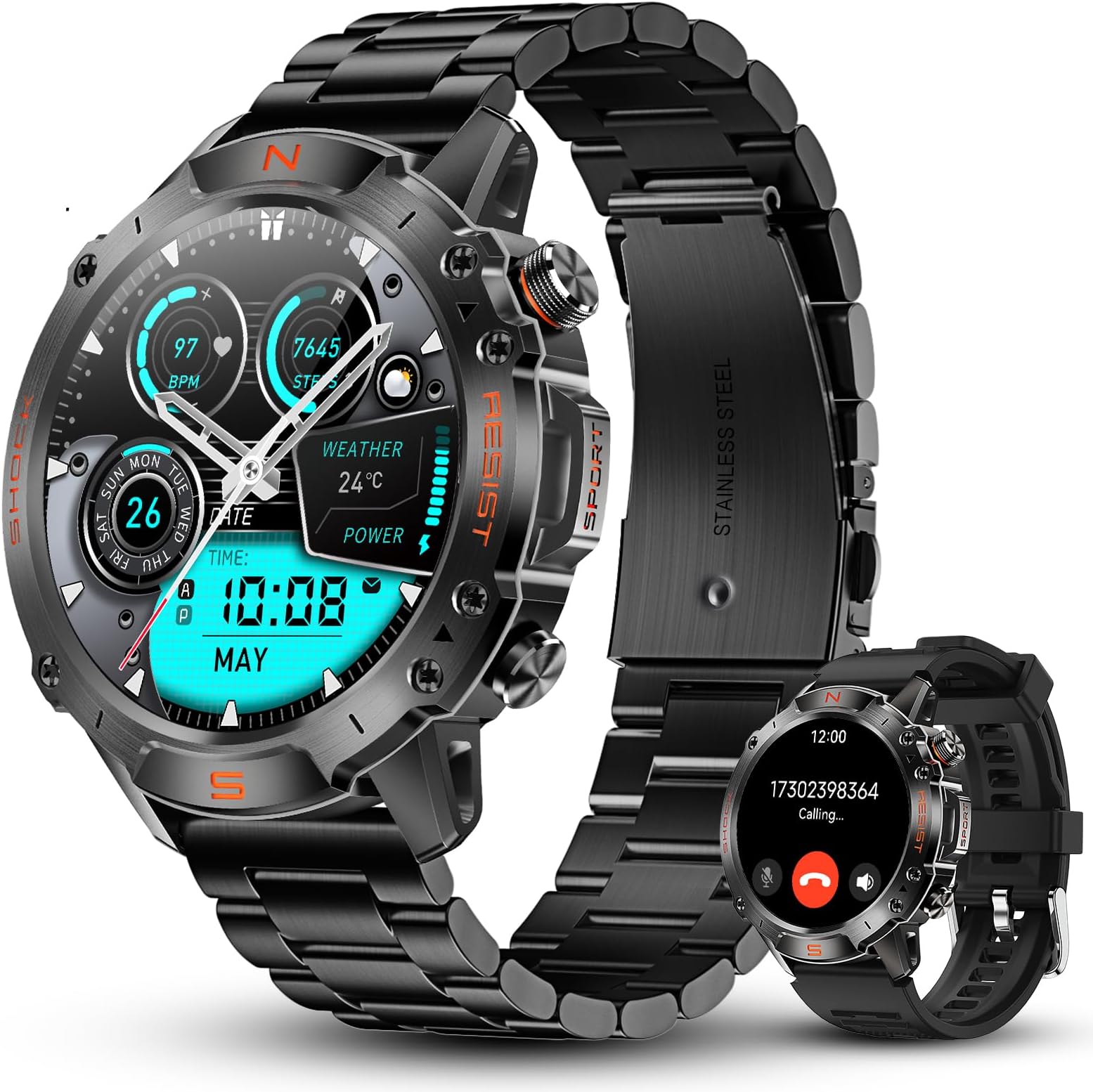 WalkerFit Smart Watch for Men- Answer/Dial Calls with 110 Sport Models,IP68 Waterproof Fitness Watch with Heart Rate Monitor,Android Smart Watch for iPhone Compatible, 1.43" AMOLED Display, Steel Band