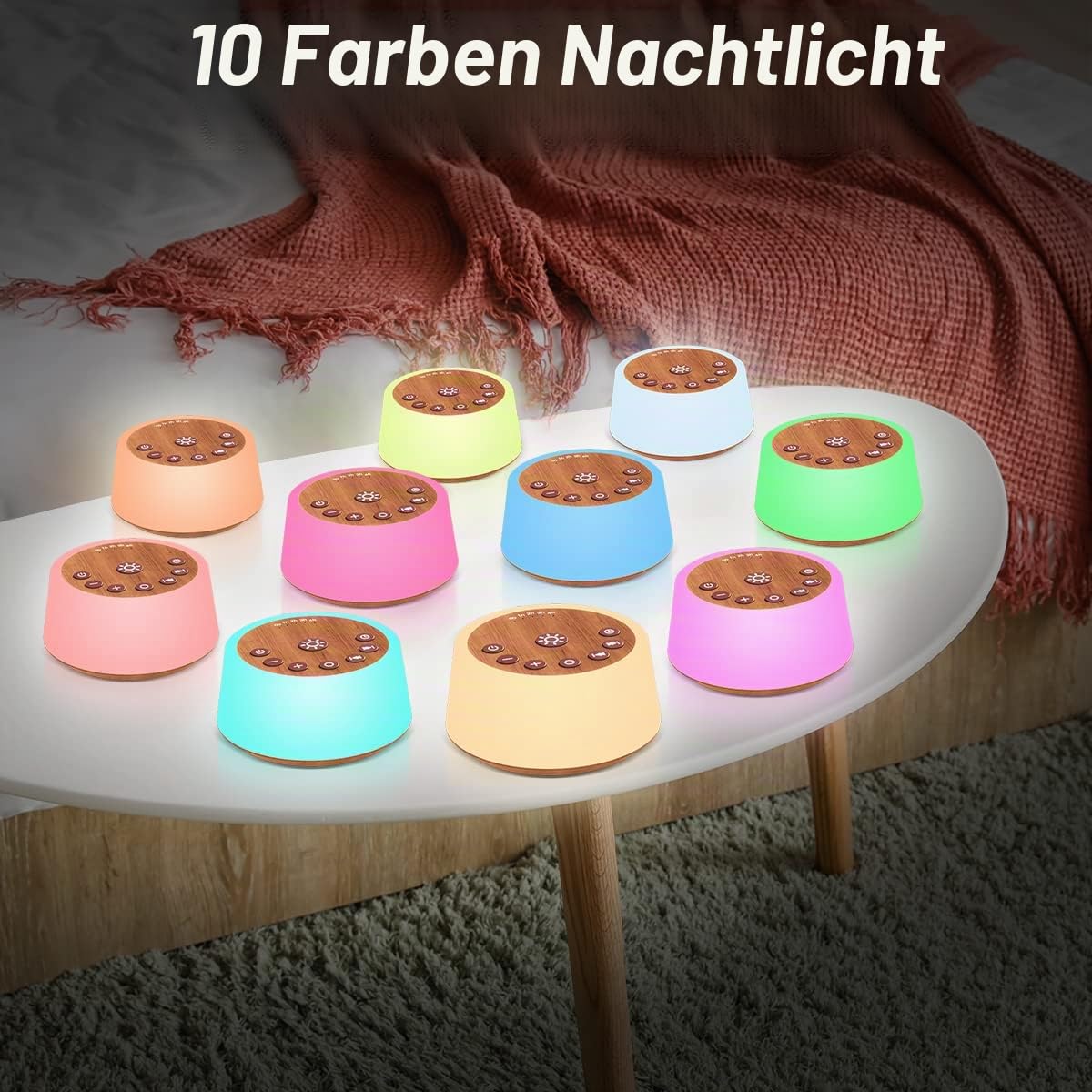 Color Noise Soundmaschine mit 10 Farben Nachtlicht, 25 Geräusche, 32 Lautstärkestufen, 3 Helligkeitsstufen, 5 Timer und Memoryfunktion