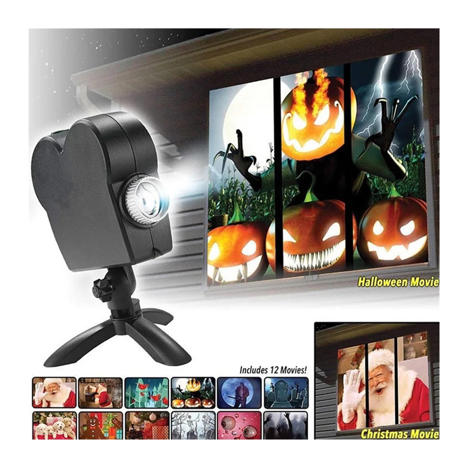 Lumière du projecteur Projecteur holographique de fête de noël d'halloween, nuits effrayantes, 12 films, Mini trépied de cinéma maison, projecteur LED d'intérieur et d'extérieur Décorations de Noël, l
