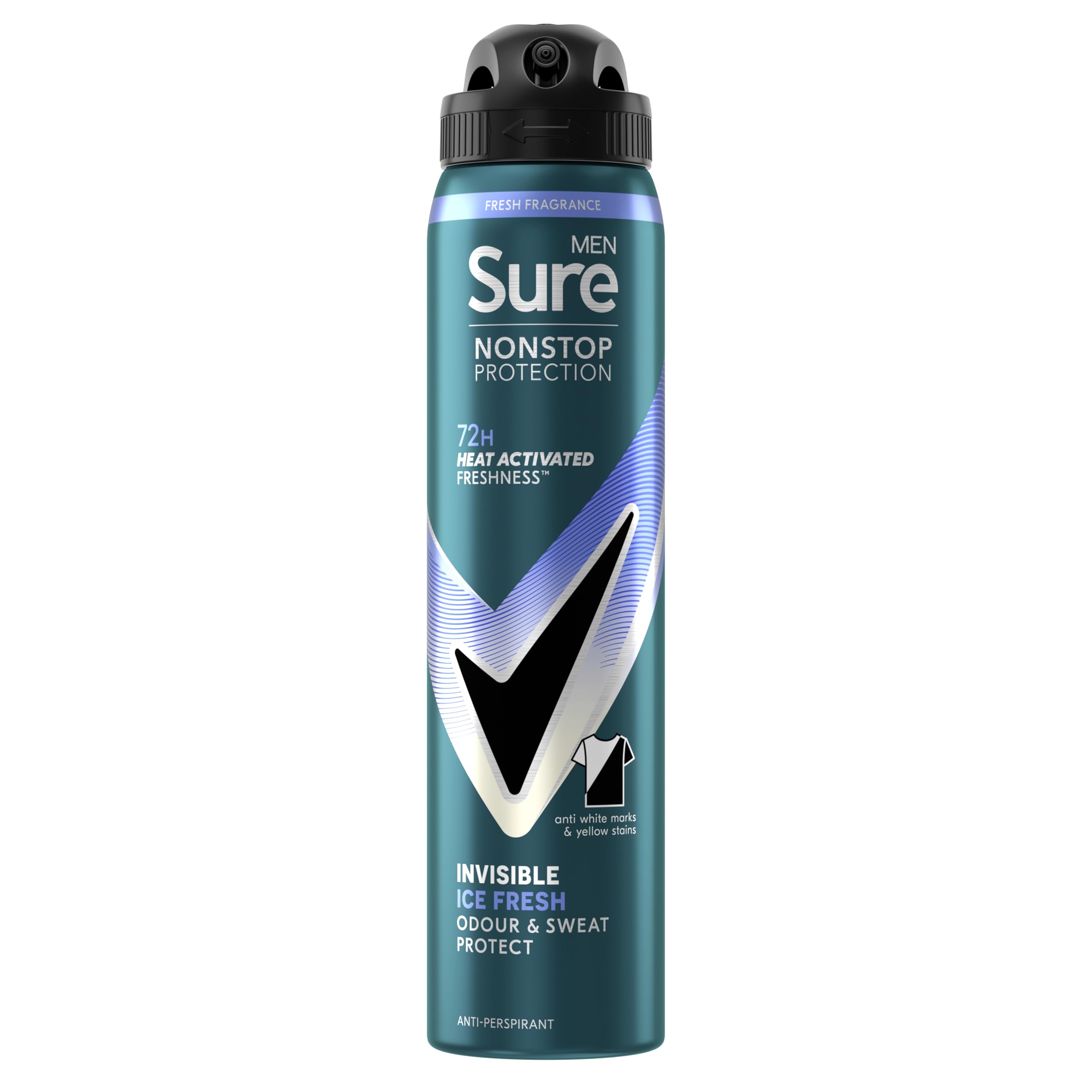 Sure Men Nonstop Protection Invisible Ice Fresh Deodorant Body Spray Antiperspirant with body heat activated technology for 72 hour odour and sweat protection 250 ml