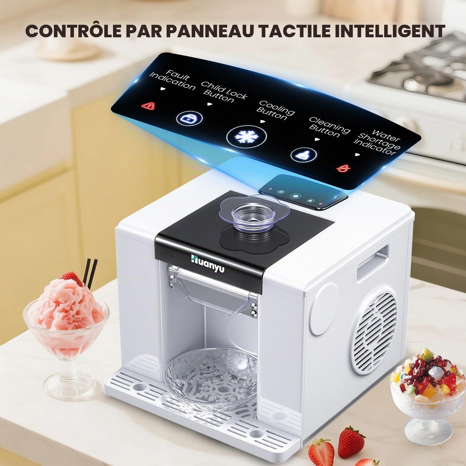 Huanyu Machine à glace en flocon de neige 60kg/24H 280W Machine à glace rasée Refroidissement rapide Machine à glace en flocon de neige Machine à cône de neige électrique Machine à glace automatique
