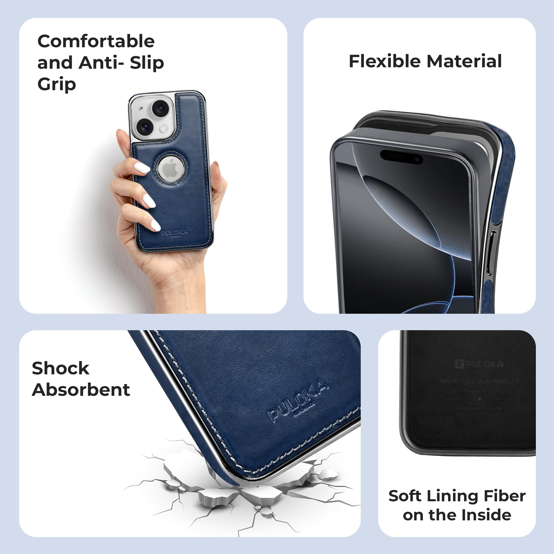 PULOKA Chrome Leather Back Case - Compatible with iPhone 15 - Luxury Bumper Case - Flexible Vegan Leather - Electroplated Sides & Logocut - Full Camera Protetection & Raised Edges - (Blue) 4