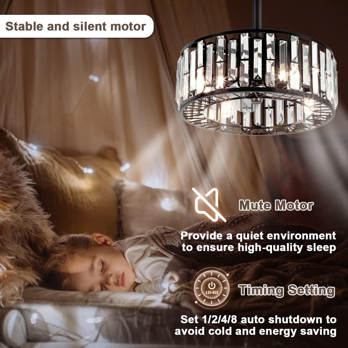 MORE CHANGE 18" Modern Enclosed Bladeless Ceiling Fan with Light and Remote, Industrial Black Caged Fandelier 3 Speeds Timer Crystal Chandelier Fan for Farmhouse Kitchen Island