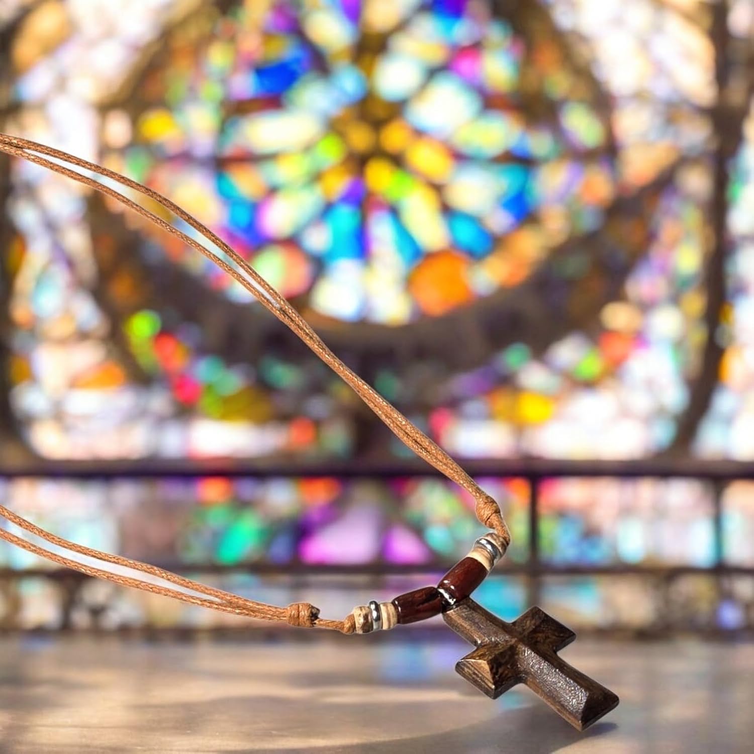 BlueRica Hand Carved Wood Cross on Adjustable Light Brown Cord Necklace - Image 5