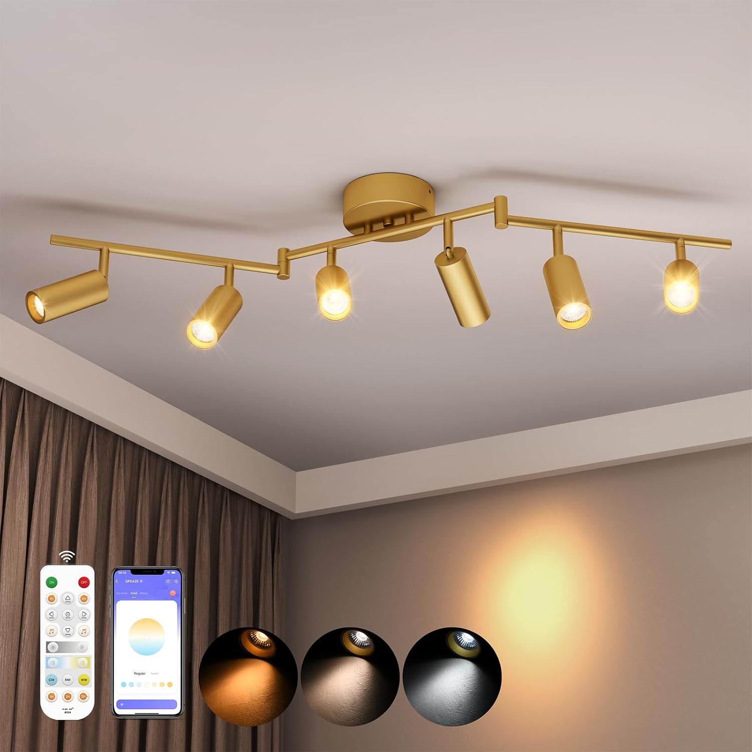 6 Light Heads Gold Track Lighting Kit, Modern LED Ceiling Light Fixture with Flexible Rotatable Heads, 36W CCT & Brightness Dimming (2700K-6000K), APP/Remote/Alexa Control, Gold Kitchen Light Fixture