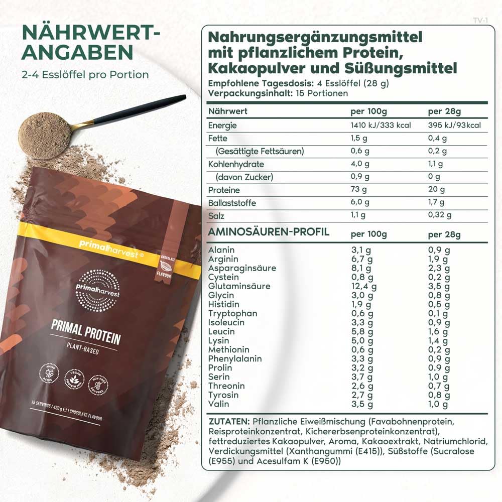 Primal Harvest Primal Protein Veganes Proteinpulver aus Fava-Bohnen Kichererbsen Reis 20 g Protein pro Portion 1 Pack 15 Servings