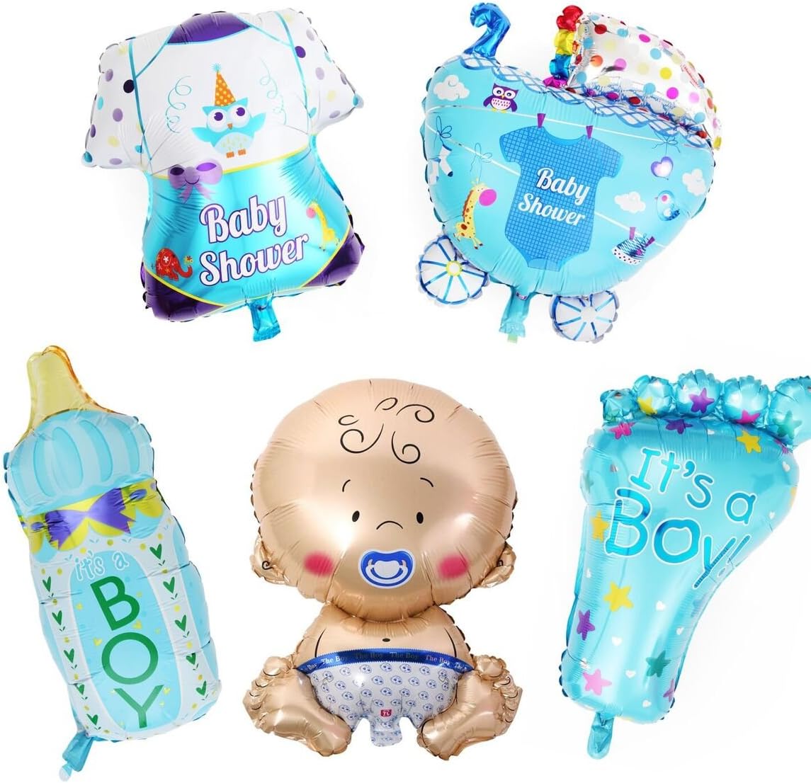 LAttLiv Mylar Balloons 5 Pcs Set Baby Shower Decorations For Boy With 100 Free Spot Glue