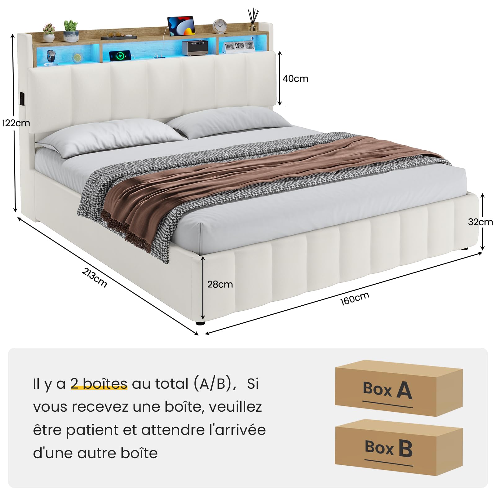 KIMENICH Lit Coffre 160 x 200 à LED, Lit Hydraulique avec Étagères Ouvertes et Rangement Caché en Tête de Lit Capitonné, lit 2 Personnes avec Lattes en Bois, Lits 160 x 200 avec Sommier en PU Blanc