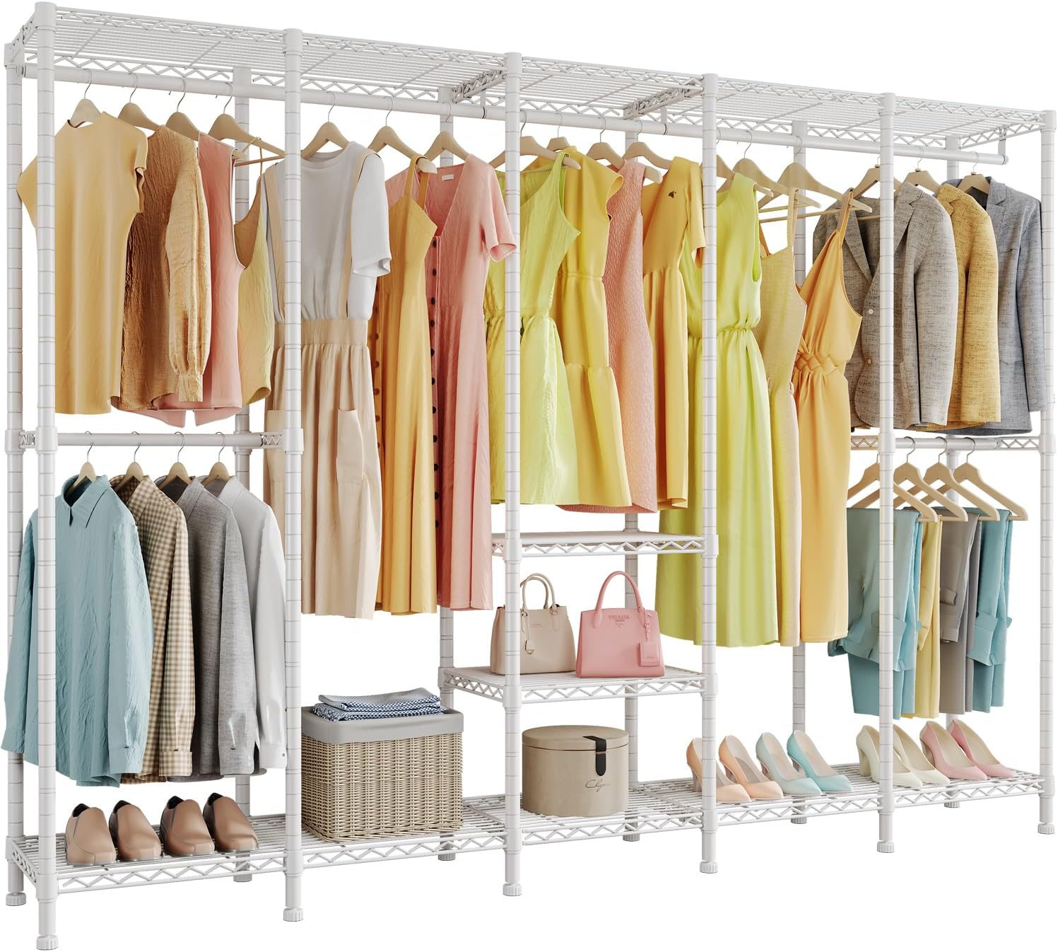 H5 Extra Large Heavy Duty Clothes Rack, Wire Garment Rack,Large Wardrobe Closet, Freestanding Closet Rack for Hanging Clothes, Clothing Rack with Adjustable Shelf, 93.3" Lx15.7 Wx75.4 H,White White 93.3"x15.7"x75.4"