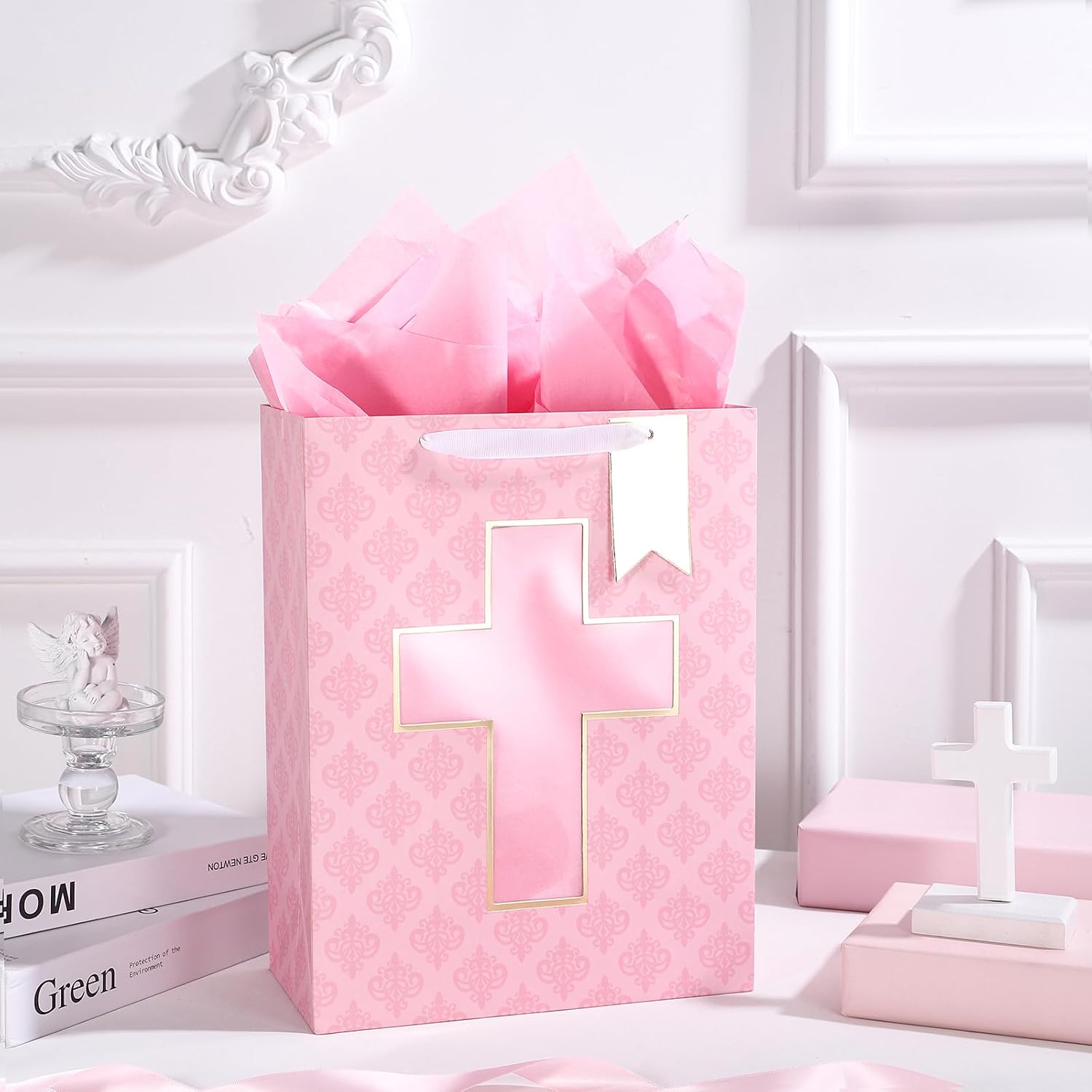 Loveinside Gift Bag with Pink Pattern and Cross Design, Tissue Paper for Baby Girl Baptisms, Christenings, First Communions Religious Occasion - 10" x 5" x 13", 1 Pcs image 3