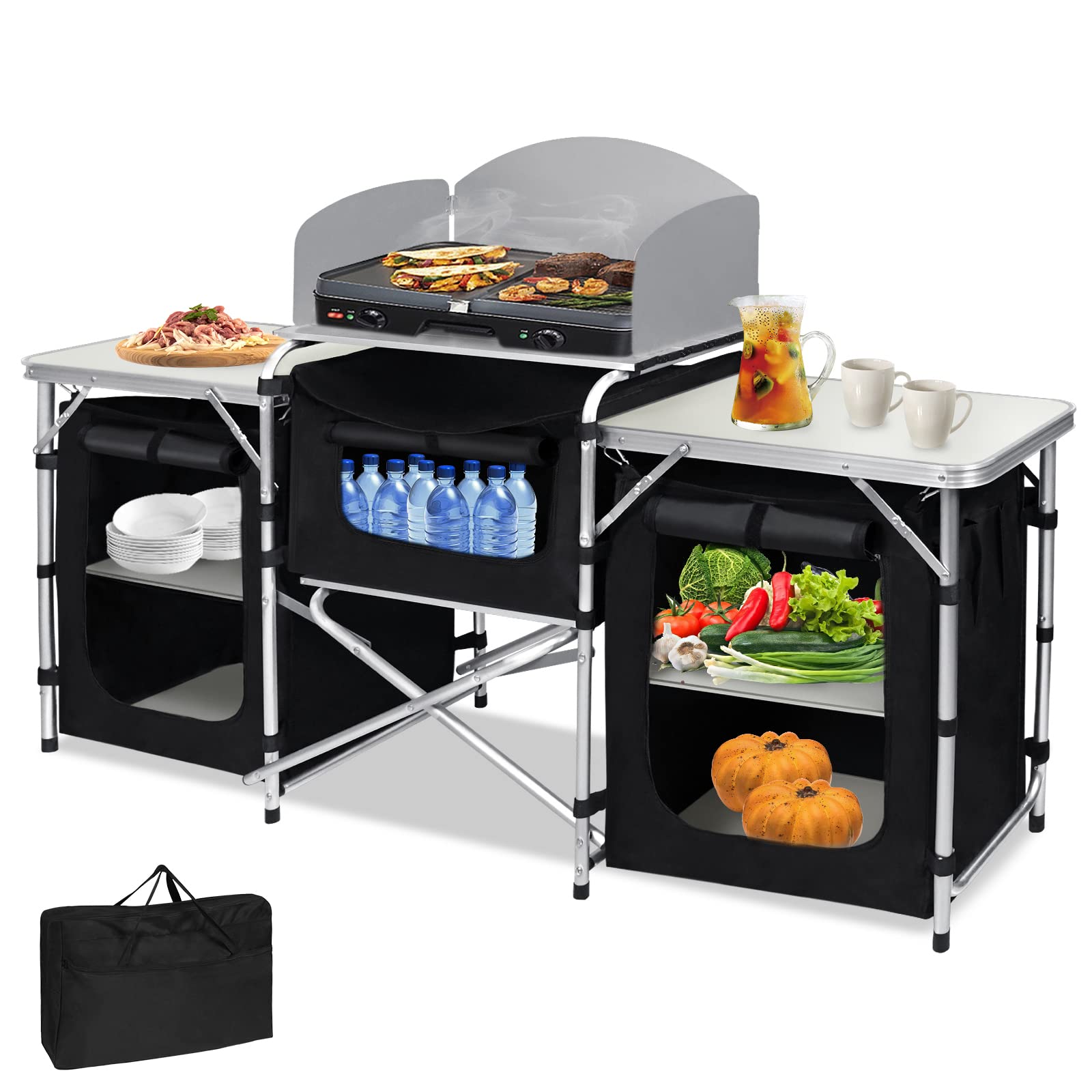 YRHome Cocina de camping al aire libre para camping, cocina, armario de camping, cocina de viaje, con estructura de aluminio, bolsa de transporte, armario plegable (5 compartimentos y 3 mesas)