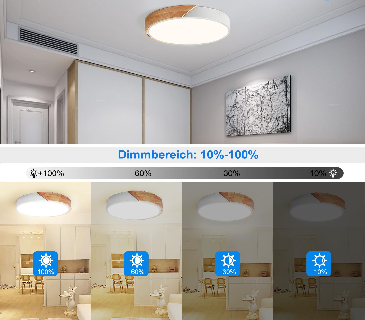 Glamexx24 Holz LED Deckenleuchte Deckenlampe Flach Rund Holz Lampe Ø50cm 3000-6000K 50W 4000LM dimmbar mit Fernbedienung für modern schlicht Schlafzimmer Wohnzimmer, Küche, Esszimmer