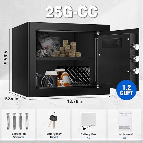 Miniatura 2 de YAYAG Caja fuerte pequeña a prueba de fuego impermeable para documentos, caja de seguridad de 1.2 pies cúbicos con caja de batería de emergencia,