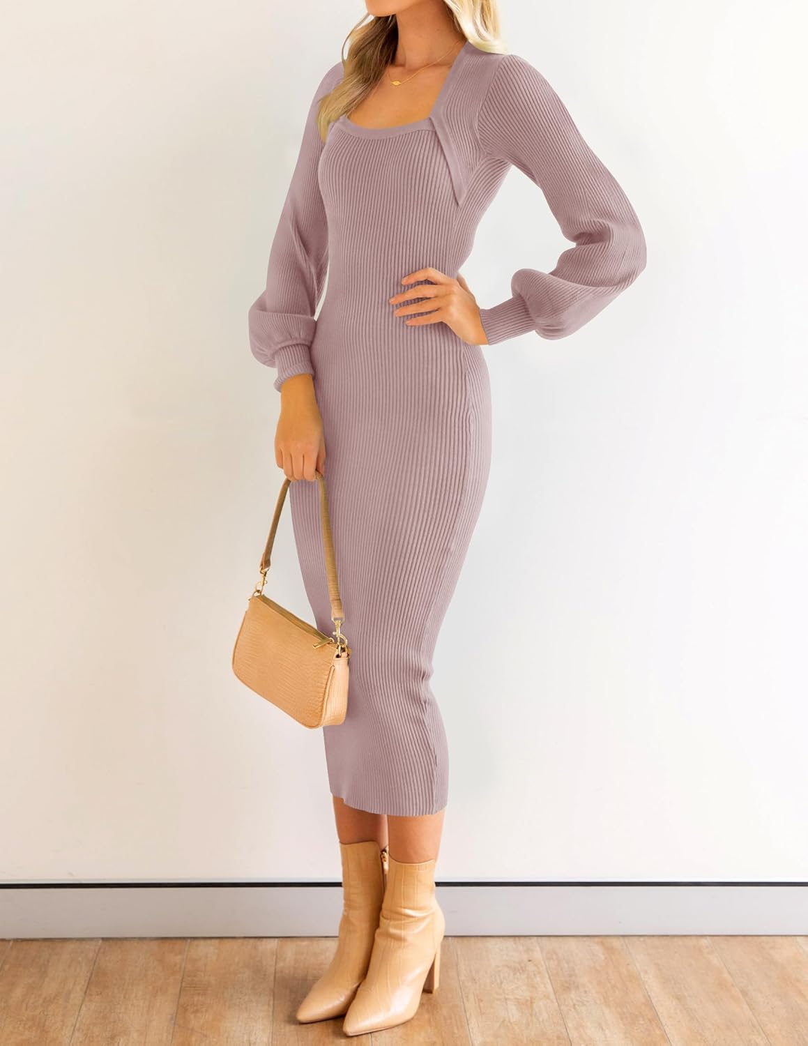 ZESICA Women's 2026 Square Neck Ribbed Knit Dress Puff Long Sleeve Slim Fit Bodycon Fall Winter Pullover Sweater Dress - Image 3